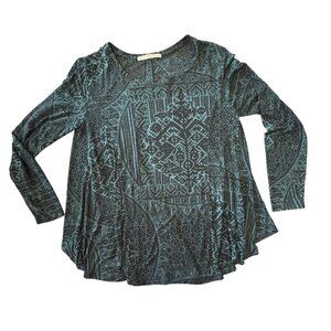 Peruvian Connection Point De Fes T-Shirt M/L Black Green Long Sleeve Tunic Top